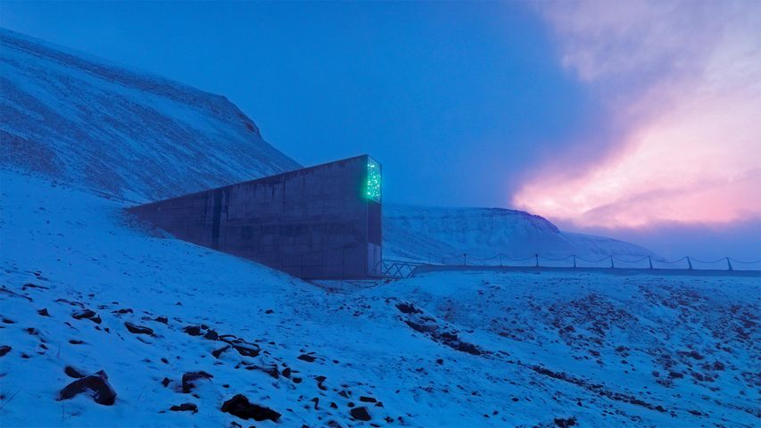 Svalbard Global Seed Vault auf Spitzbergen, Norwegen, mit glitzerndem Kunstwerk der Künstlerin Dyveke Sanne über dem Eingang