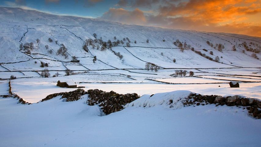 Winterlandschaft mit Trockenmauern und Steinhütte bei Littondale, Yorkshire Dales, North Yorkshire, England