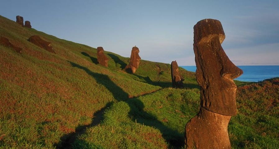 Kolossale Steinstatuen, genannt Moais, auf der Osterinsel im Pazifik – James L. Amos/Corbis ©