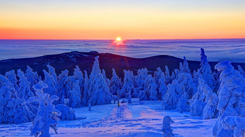 Winterlicher Sonnenaufgang auf dem Gipfel des Brocken, Sachsen-Anhalt, Deutschland