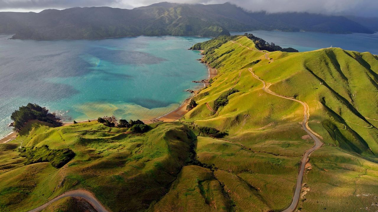 马尔堡峡湾鸟瞰图，新西兰