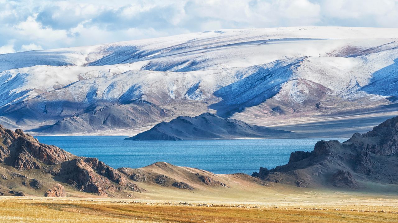 Turquoise Lake and Snow-Capped Mountains, Central Asian Steppe