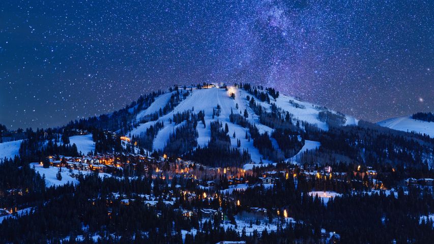 Deer Valley in der Abenddämmerung, Park City, Utah, USA