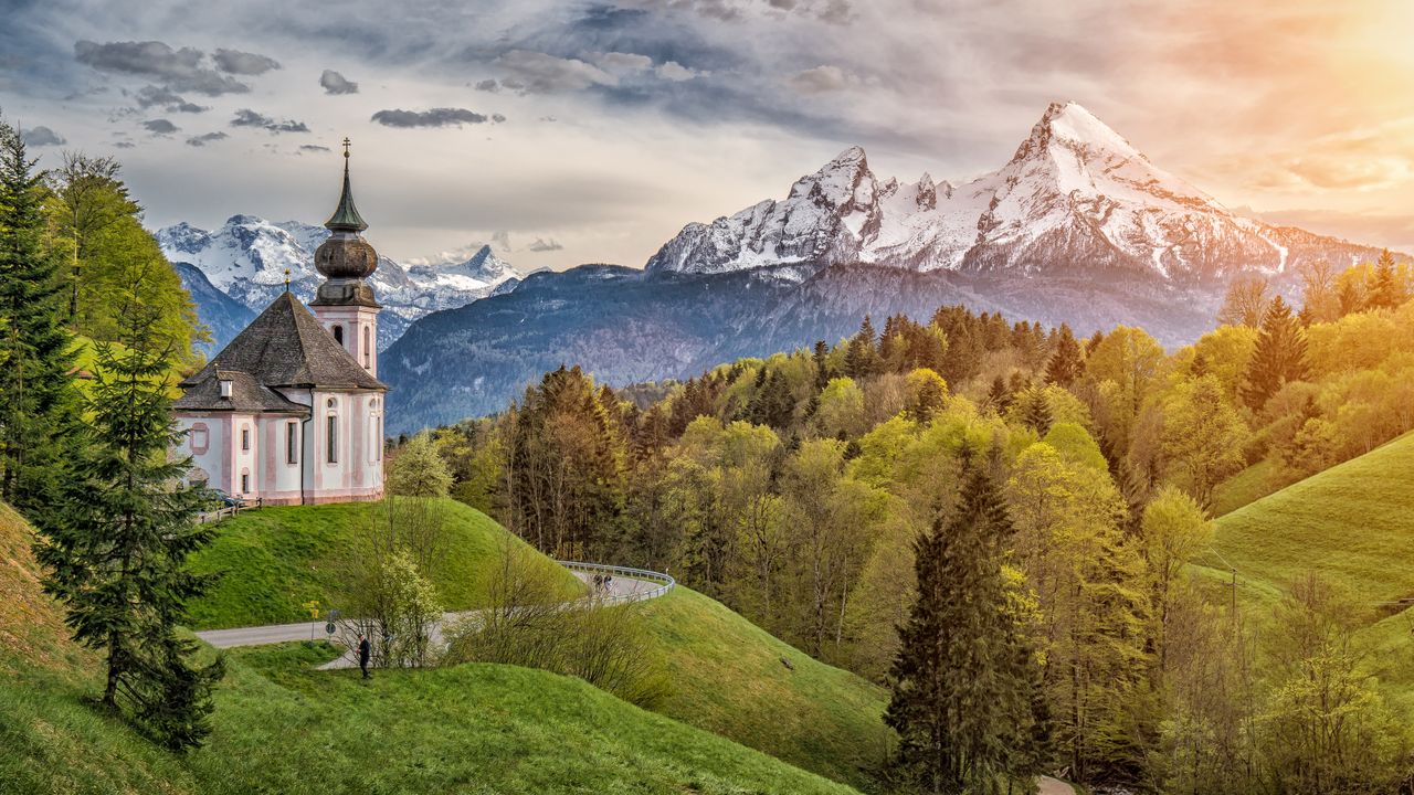 Wallfahrtskirche Maria Gern und Watzmannmassiv, Berchtesgadener Alpen, Bayern