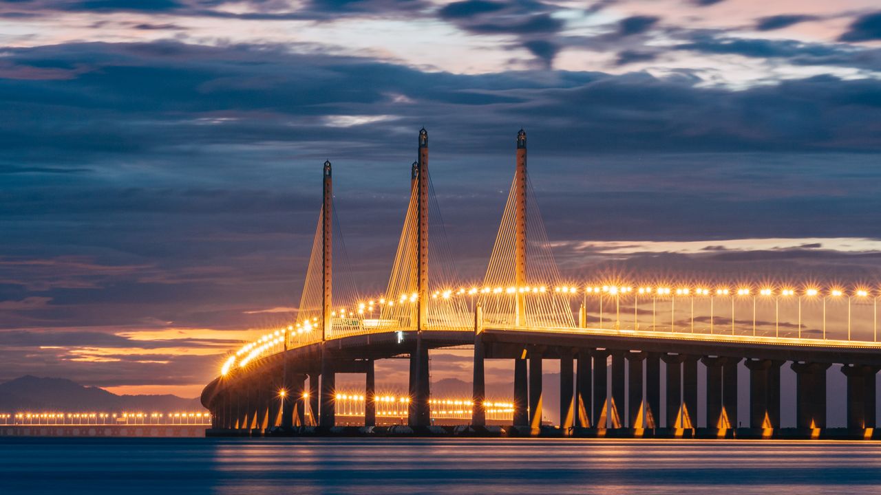 Sunshine Skyway Bridge illuminated dusk, Tampa Bay, Florida