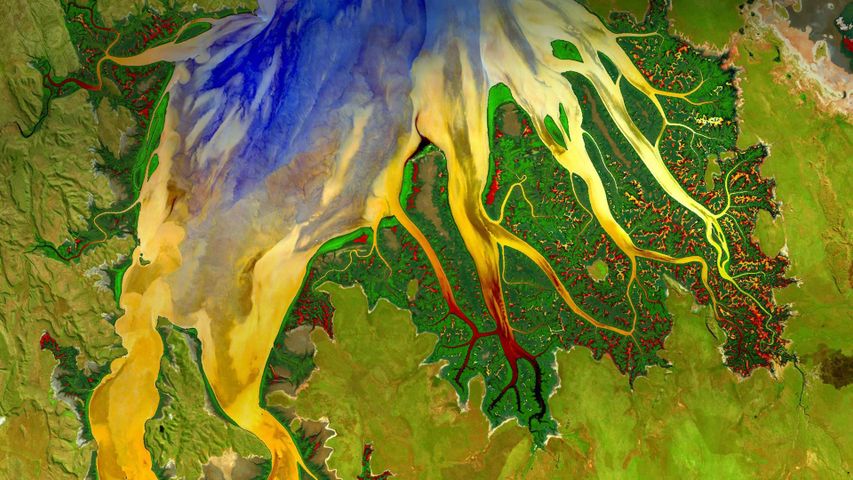 Flussmündungsgebiet am Cambridge Gulf, Westaustralien, Aufnahme des Satelliten Landsat 8 
