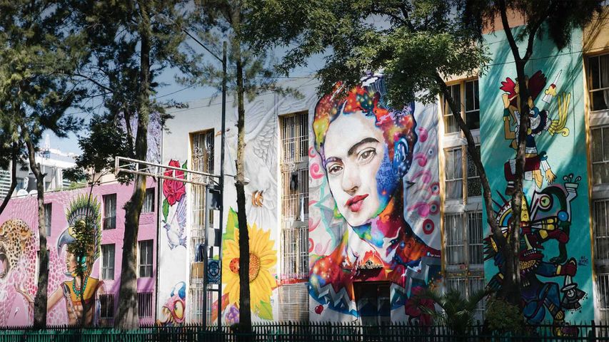 Frida-Kahlo-Wandgemälde an einer Fassade nahe der Biblioteca Vasconcelos in Mexiko-Stadt, Mexiko